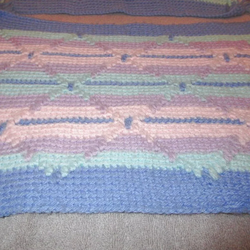 Vintage 70s Hand Knit Placemats Set Of 2 Textured Fringe Pastel Boho Table Decor